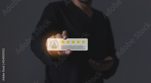 Review Customer, Young Man with smartphone mobile hand holding five star to review and give 5 stars with very good results in service, Good review 5 star rating choice feedback