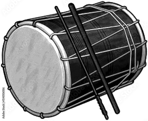 A cylindrical drum with mallets, high detailed sketch art