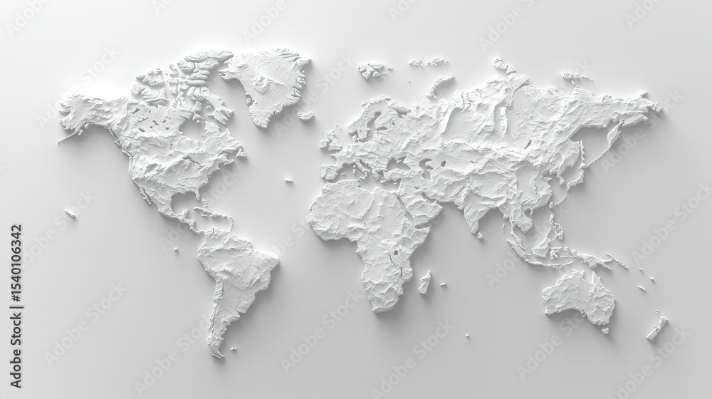Obraz premium 3D relief world map, light gray on white