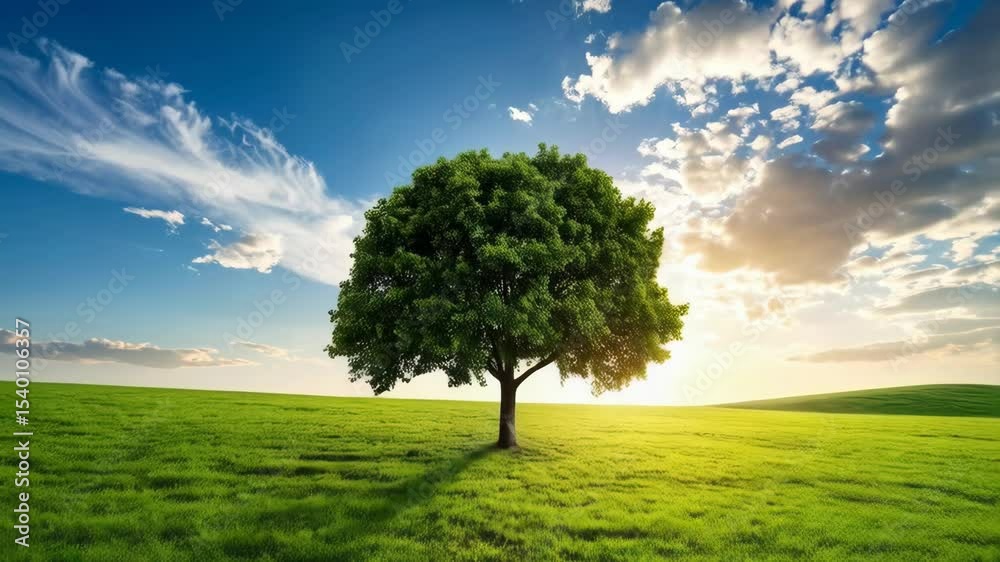 Scenic landscape featuring a single tree standing in a lush green field under a bright blue sky with scattered clouds at sunrise or sunset. Scenic landscape featuring a single tree standing in a lush green field under a bright blue sky with scattered clouds at sunrise or sunset.