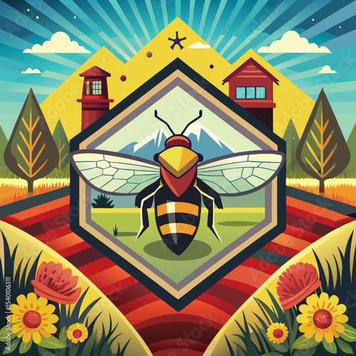 Bee illustration in vibrant colors with rural landscape background. Beware of bees-The badge is designed to ensure safety 