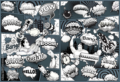 Retro comic book action scene vector.Vintage pop art style illustration with superheroes, rockets, explosions, and dramatic sound effects like pow, boom, and omg.
