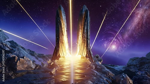 Futuristic monoliths emit radiant beams in a cosmic landscape, evoking mystery.