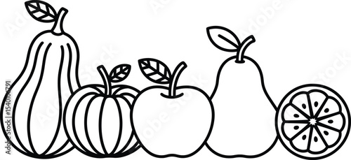 Line art illustration of a variety of fruits in a row arrangement