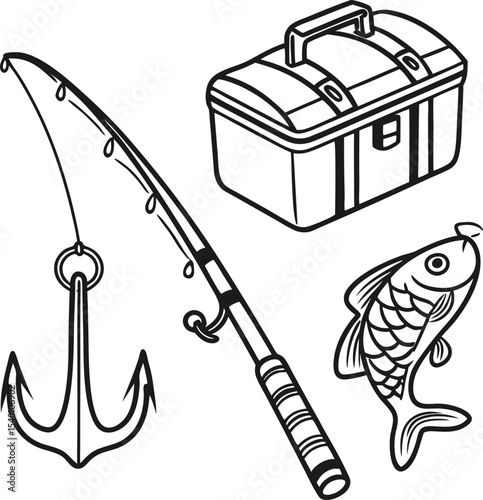 Vector illustration cartoon icon drawing sketch design of a fishing rod and reel set with fishing hooks