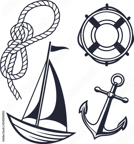 Here's a single sentence for describing the image:

A nautical anchor with rope, a heavy metal symbol of the sea, isolated on a white background, perfect for marine design