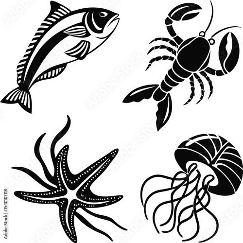 Vector set of fish and sea animals with floral decoration and butterfly silhouettes, ideal for tattoo design or nature-inspired patterns
