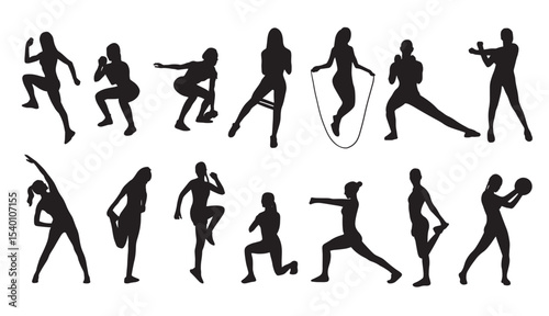Vector illustration of women performing various exercises and active movements. Includes stretching, squats, lunges, resistance band training, jump rope, cardio, warm-up, and strength training