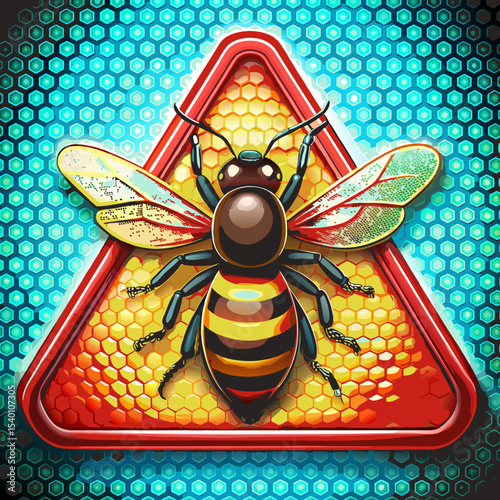Stylized bee illustration with caution symbol on honeycomb background  
