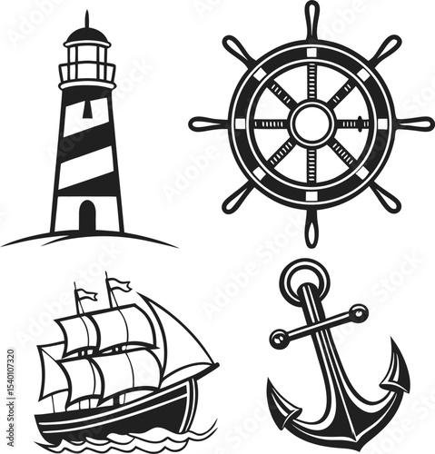 A vintage vector set of nautical icons featuring ship wheels, anchors, and compasses for sea travel and marine illustration