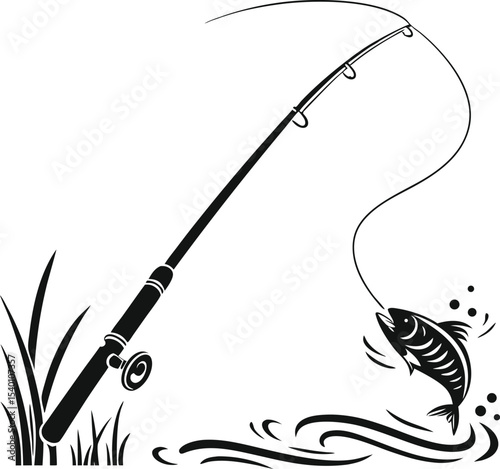 Vector illustration of a fishing rod and reel, an isolated black metal sport equipment with a sharp steel hook
