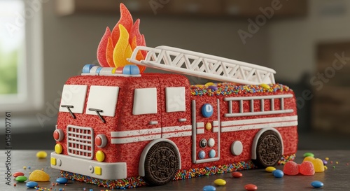 Fire truck birthday cake with flames and candy