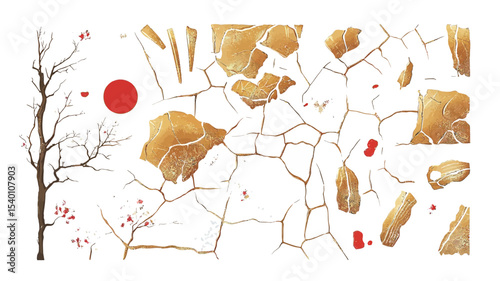 The image is a digital illustration or painting featuring an abstract composition.  The main elements are irregularly shaped gold fragments, appearing cracked or broken, arranged across the canvas.
