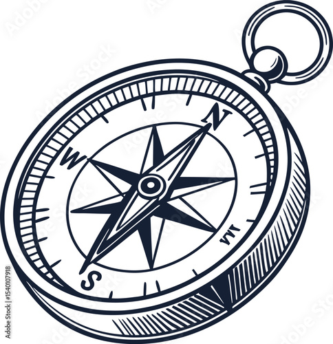 Vector compass rose symbol for travel and navigation, showing north, south, east, and west directions