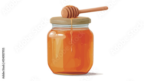 A studio shot of a glass jar filled with honey.  A wooden honey dipper rests on the cork lid. The honey is a golden amber color and appears viscous.  The background is pure white. 