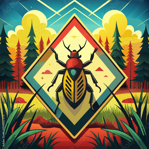Colorful beetle illustration set against vibrant forest landscape,   Beware of the abscess beetle-Icon