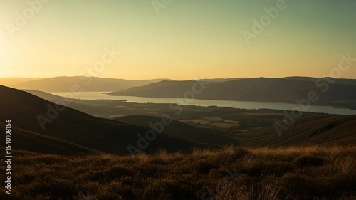 Golden Sunset Over Mountain Landscape and Lake with Warm Atmospheric Lighting