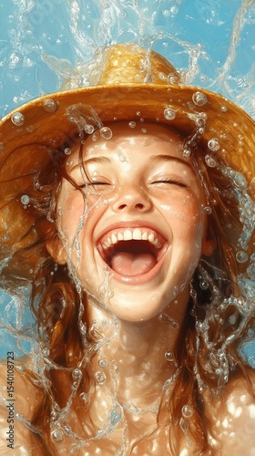 Joyful girl splashing in water while wearing a straw hat under bright sunlight in a summer setting