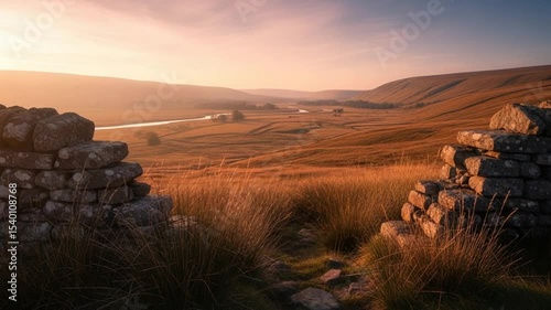 Golden Sunset Landscape View Through Stone Structure With Rolling Hills And River