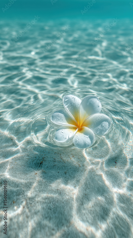 Naklejka premium Plumeria floating on clear tropical water with rippling sunlight reflections