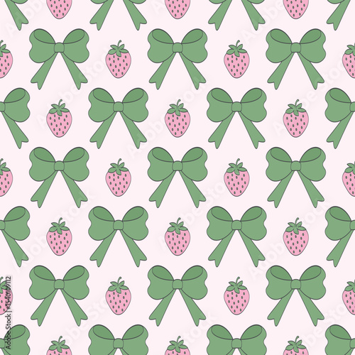 Coquette bows and strawberries seamless pattern. green and pink design. for prints, wrapping paper, wallpaper, textile, stationary, fabric