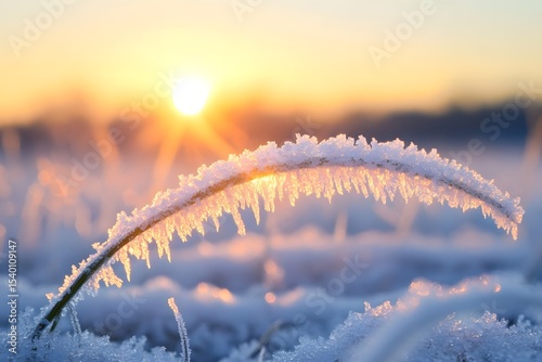 Crystal ice formations on grass blades during winter sunrise