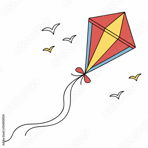 Vibrant illustration of a kite soaring in the sky, surrounded by birds, evoking a sense of freedom and joyful outdoor activities.