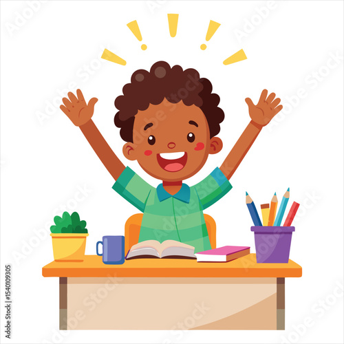 Excited School Boy Studying at Desk: Happy Child Learning Illustration

