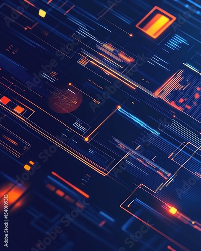 Abstract digital marketing concept with futuristic UI elements showing dynamic data visualization in blue and orange gradients.