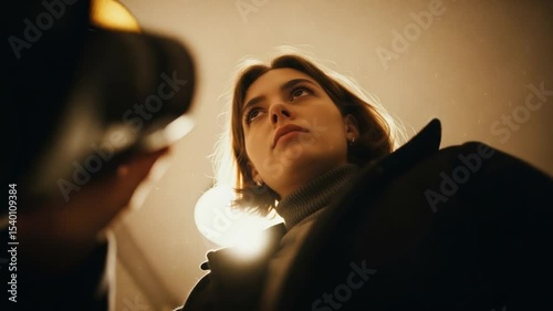 Low Angle Portrait Of A Young Woman With Intense Gaze Under Warm Light Indoors