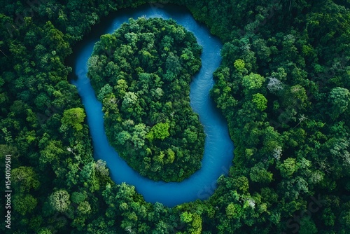 Aerial view of a winding river through a dense forest
