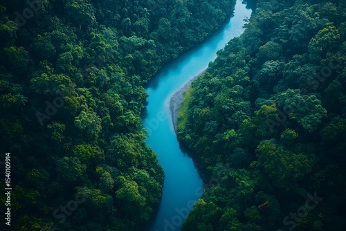 Drone view of winding river through dense forest
