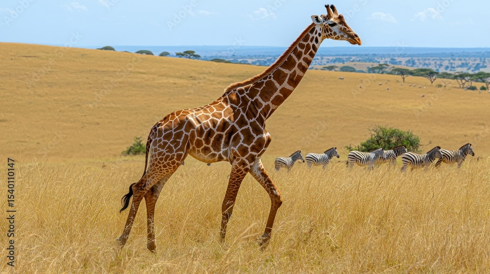 Obraz premium A giraffe strolls across a golden savanna, with zebras in the background