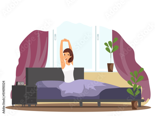 Vector illustration of a woman who just woke up, sitting on a sofa and stretching. Cozy morning atmosphere depicting comfort, relaxation, and the start of a new day at home.