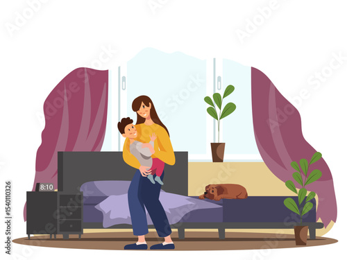 Mother walking near a bed while gently holding her baby in her arms. Peaceful and cozy bedroom scene with warm family atmosphere. Vector illustration.м
