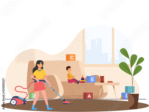 Vector illustration of a woman vacuuming the floor while a child plays on the bed. Depicts a busy home environment with multitasking, childcare, and household chores in a cozy domestic setting.