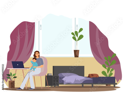 Mother working remotely on laptop while sitting with child in cozy living room interior with large window, curtains, and plant. Vector illustration.
