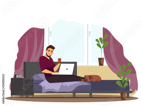 Man sitting on a sofa and working on a laptop in a cozy home environment. Remote work or freelance concept in modern interior. Vector illustration.