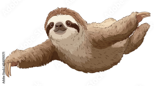 A digital illustration depicting a three-toed sloth in a gliding position. The sloth is rendered in a cartoonish style with soft, brown fur and is shown with its limbs outstretched, suggesting