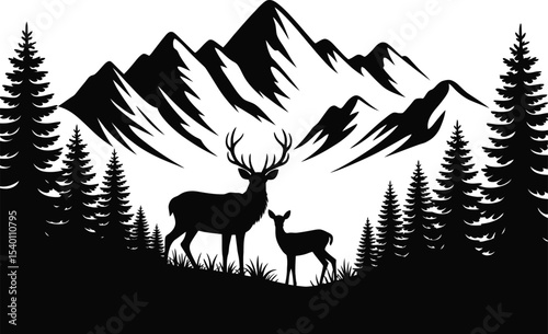 Silhouette of deer family in forest with mountains in the background