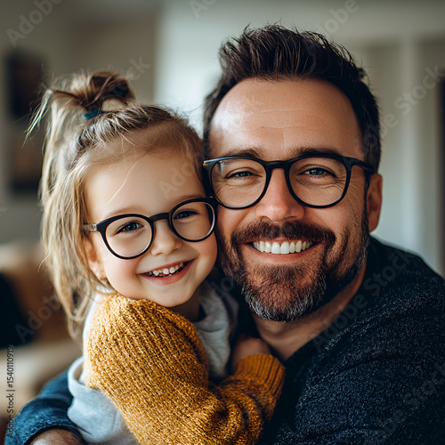 Happy Father and Daughter Smiling Together Closeup pose, Both wearing glasses high quality portrait conveying warmth and affection.