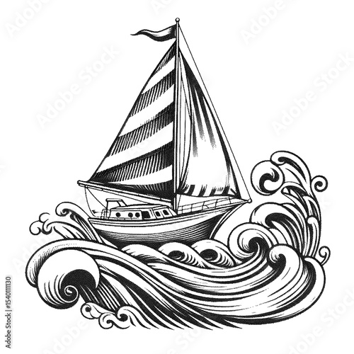 Striped sailboat conquering waves high detailed sketch art