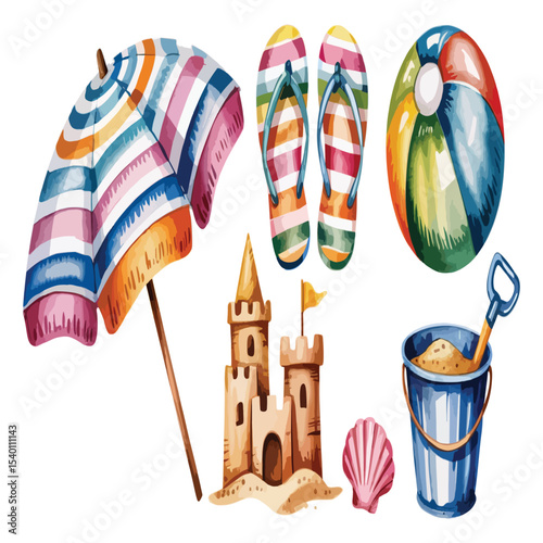 colorful beach essentials vector illustration – umbrella flip-flops beach ball sandcastle bucket shell for summer