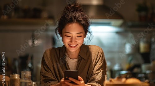 A woman is sitting at a table with a cell phone in her hand