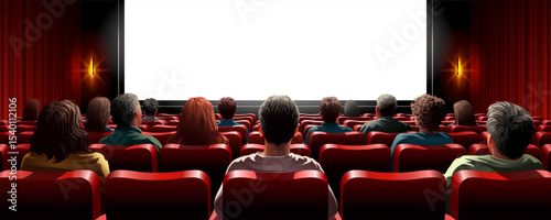 Cinema hall with screen. Rows of seats, red cinema chairs. Theater scene. Movie theatre vector
