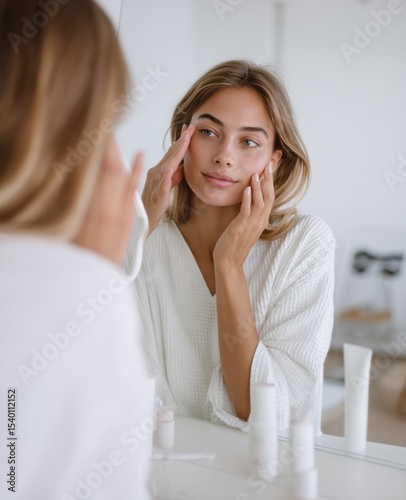A woman is applying makeup in front of a mirror