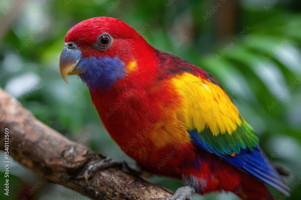 Obraz premium Colorful parrot perched on a branch in a tropical garden, showcasing vibrant plumage