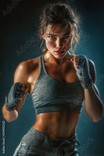 A woman is boxing and has sweat on her face