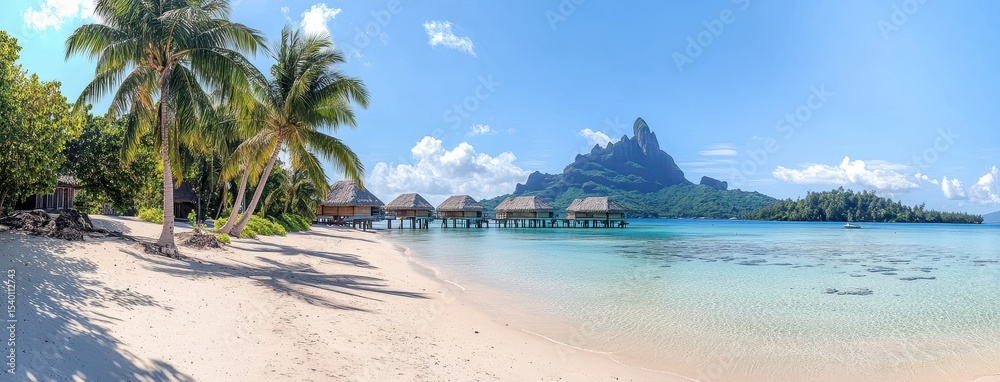 Naklejka premium A beautiful tropical beach with palm trees and clear blue water, a Caribbean vacation background