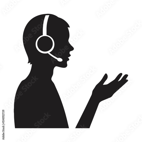 Black vector illustration of people, a man, and a silhouette of a woman with headphones, depicting call center operators call center agent with headset silhouette icon